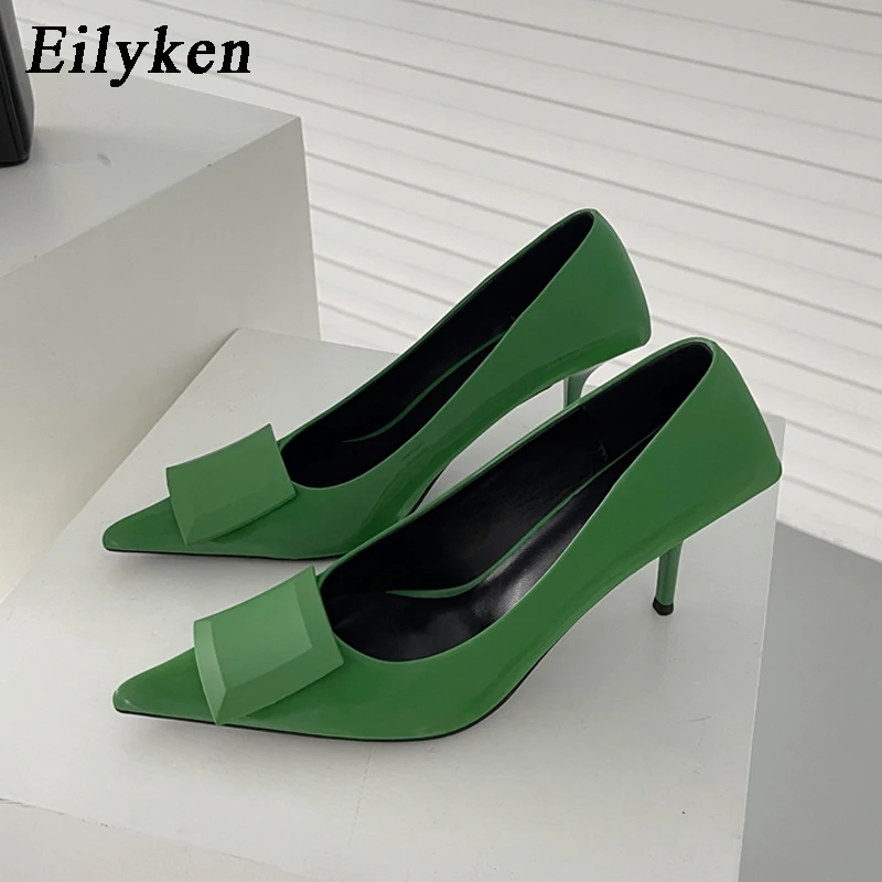 

Eilyken Spring Fashion Brand Square Buckle Design Women Thin High Heel Pointed Toe Shallow Slip On Solid Color Ladies Shoes Pump