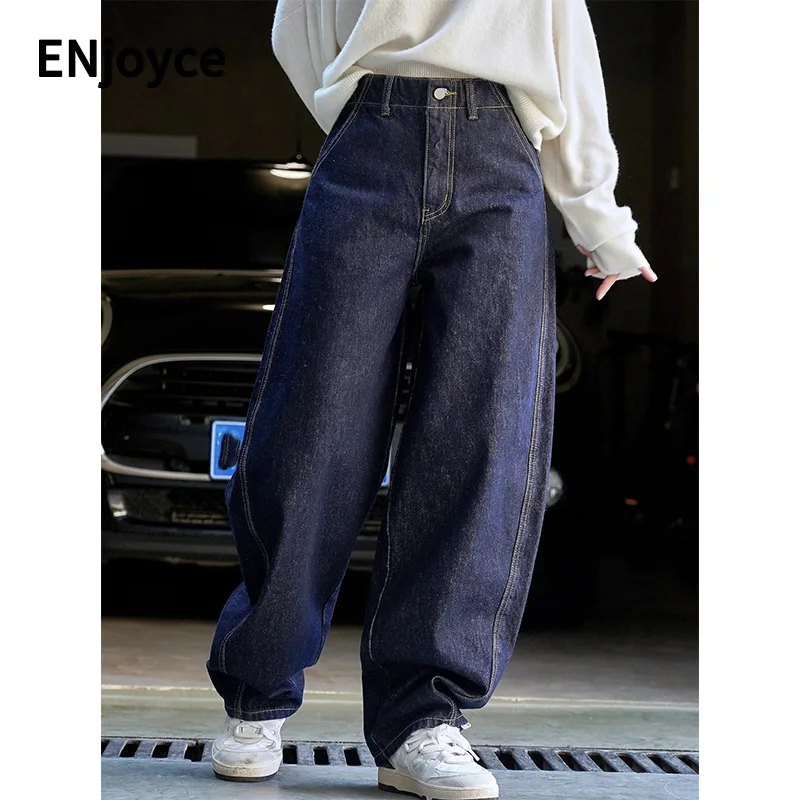 Winter Women Retro Arc Shaped Inner Velvet Loose Straight Jeans Female Casual High Waist Wide Leg Trousers Thick Denim Pants