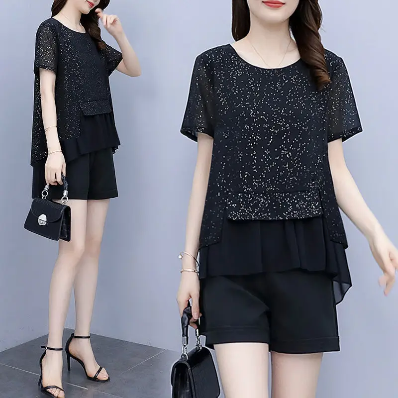 

Woman Black Shorts Suit Female Summer High Waist Short Pants Ladies Vintage Loose Casual Streetwear Shorts Two Piece Sets A20