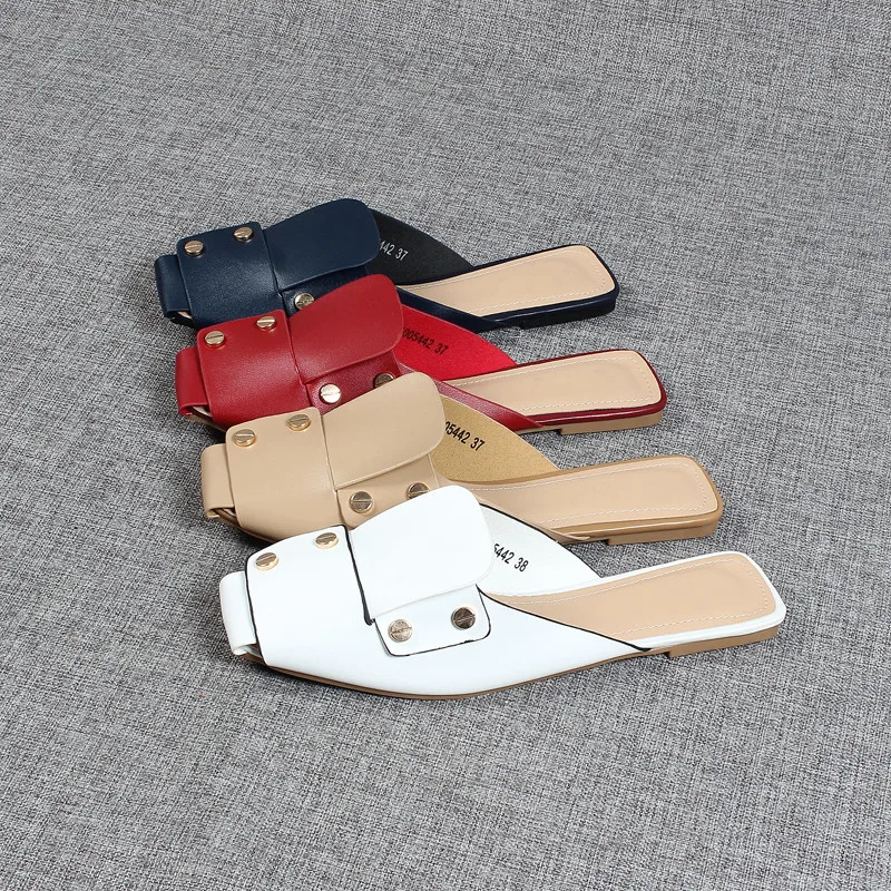 

Female Shoes Rivet Cover Toe Slippers Soft Slides Fashion 2022 Comfort Flat Luxury Basic Metal Decoration PU Rubber Bonded Leath