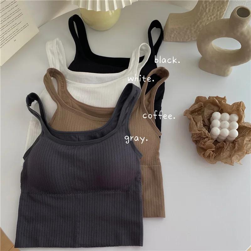 

New Knitted Thread Stripe U-Neck Back Sports Tank Top with Chest Cushion for Outer Wear, Suspended Tank Top for Inner Wear for W