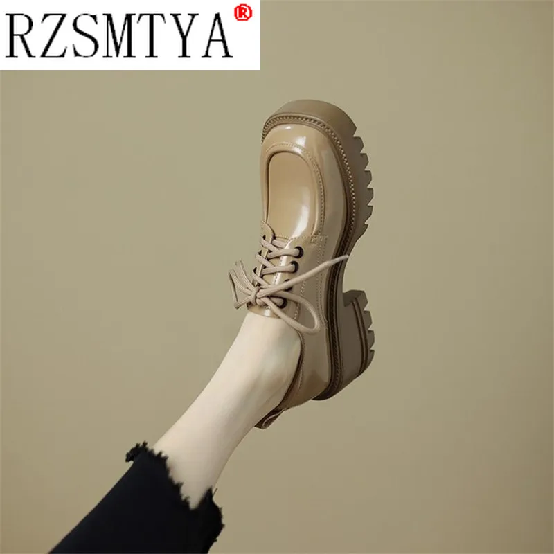 

Spring 22 New Thick Soled Round Head Retro Tie Women's Thick Heels with A Cake Bottom Khaki Color British Single Shoes