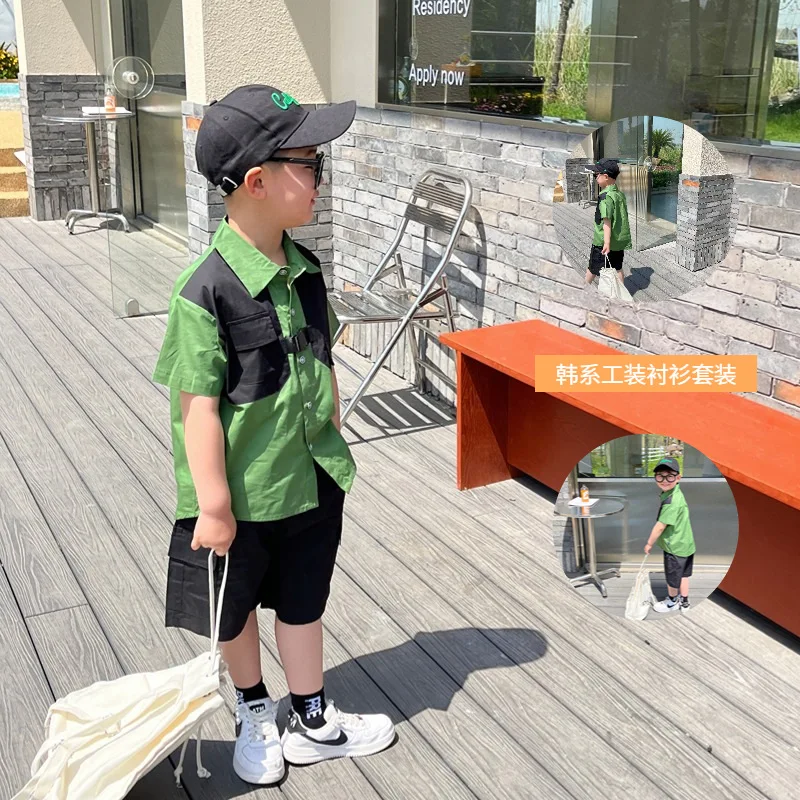 

Kids Casual Set 2023 Summer New Fashionable Cargo Shirt Korean Style Short Sleeve Top Simple Shorts Boys Handsome Two Piece Set