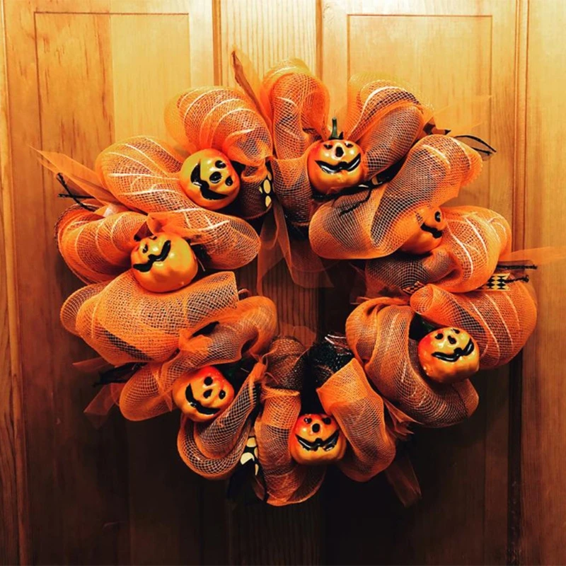 

Halloween Artificial Pumpkin Ribbon Mesh Wreath with LED Lights Ornament Luminous Hanging Garland for Front Door Wall Party B03E