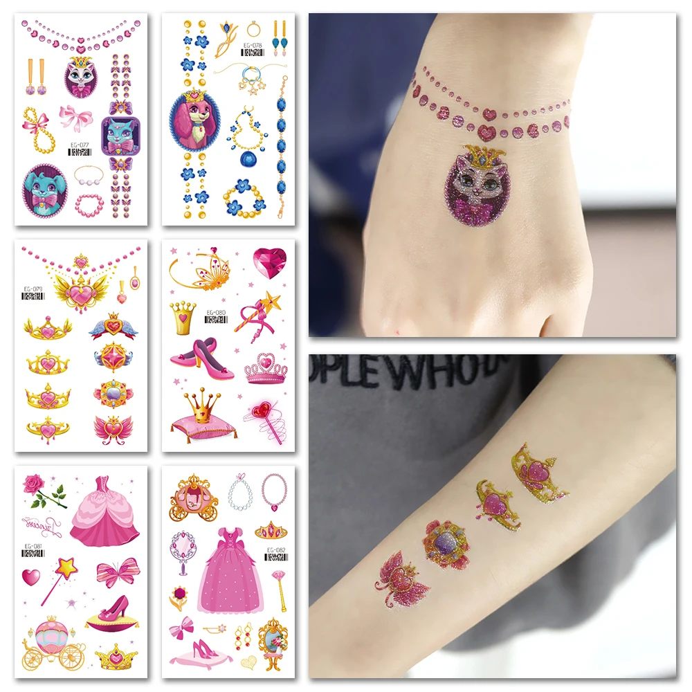 VeeCharm-блестящие Временные татуировки принцессы для девочек замок-бабочка детские