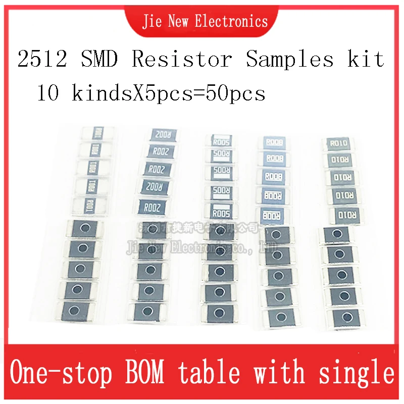 50 шт., резистор из сплава 2512 SMD, 10 kindsx5 шт. = 50 шт., R001, R002, R005, R008, R010, R015, R020, R025, R050, R100