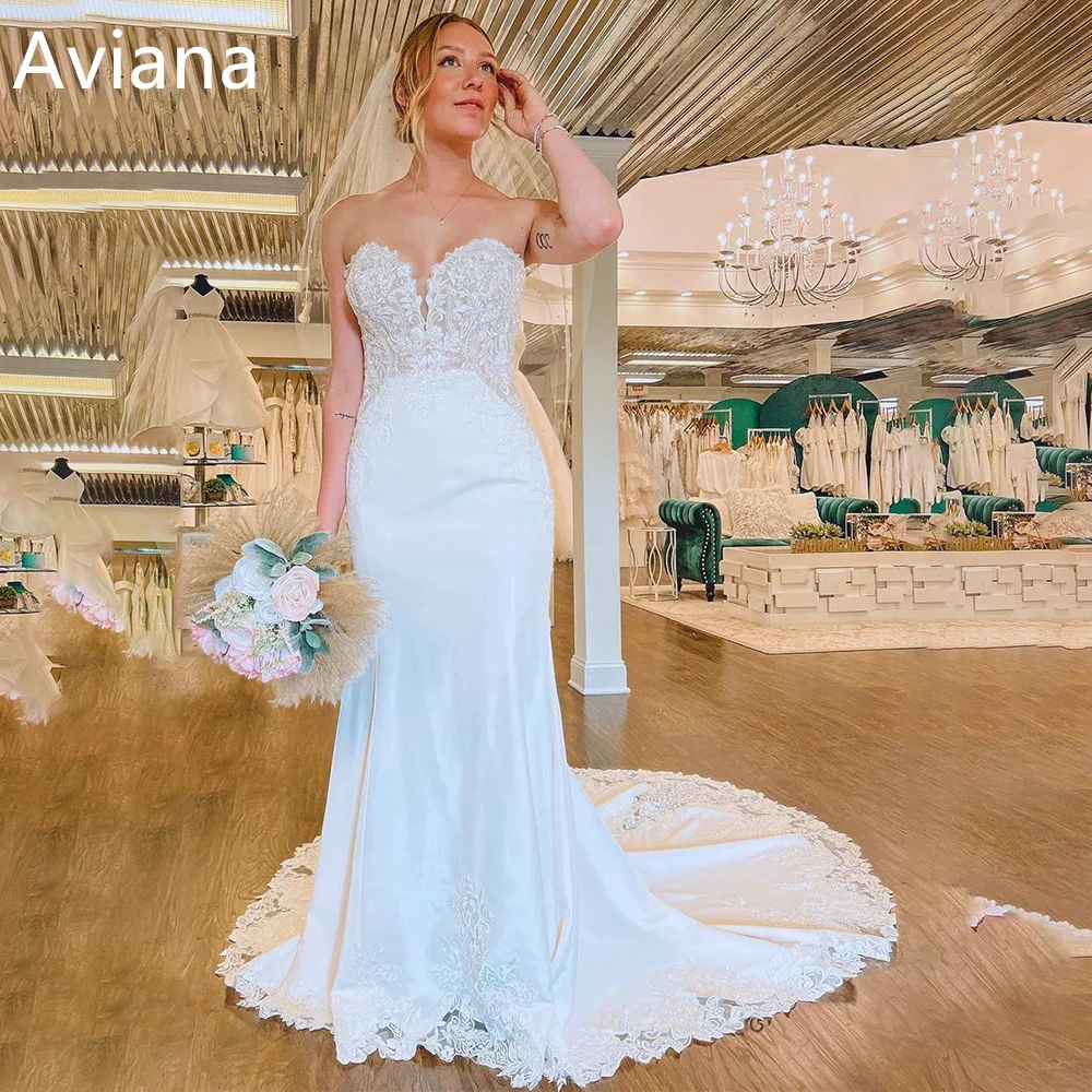 

Aviana Sweetheart Strapless Lace Satin Mermaid Wedding Dresses Backless Sleeveless Court Train Bridal Gowns Vestido De Novia