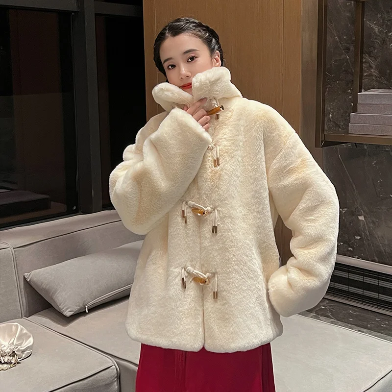 

2022 Faux Lamb Fur Coat Women's Winter Thickened Rabbit Fur Horn Button Furry Cotton-Padded Coat