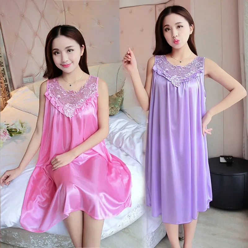 Fashion Summer Sleeveless Pleated Silk Satin Lace Night Dress Robe Lace Smooth Nightwear Sexy Sleepwear Nightgown