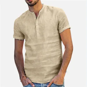 Men Short Sleeve Linen Shirts Breathable Men's Baggy Casual Shirts Slim Fit Solid Cotton Shirts Male Pullover Tops Blouse 2023