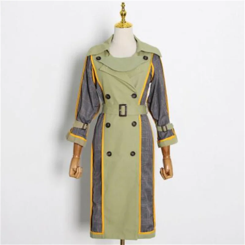 Spring trench coat women personality double-breasted design stitching contrasting plaid temperament fashion mid-length clothes