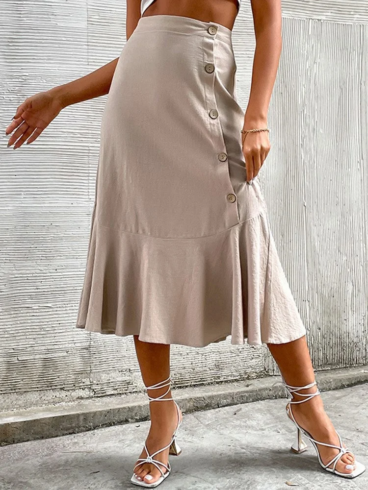 

Suer 2022 New Woen's idi Skirt Solid Color High Waist Cotton Linen Fashion All atch Chic Skirt For Feale