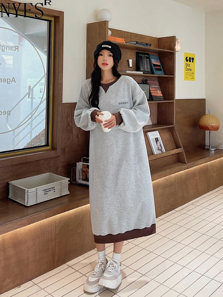 

Женское длинное платье с капюшоном NYFS, свободное флисовое платье в Корейском стиле, Осень-зима 2023