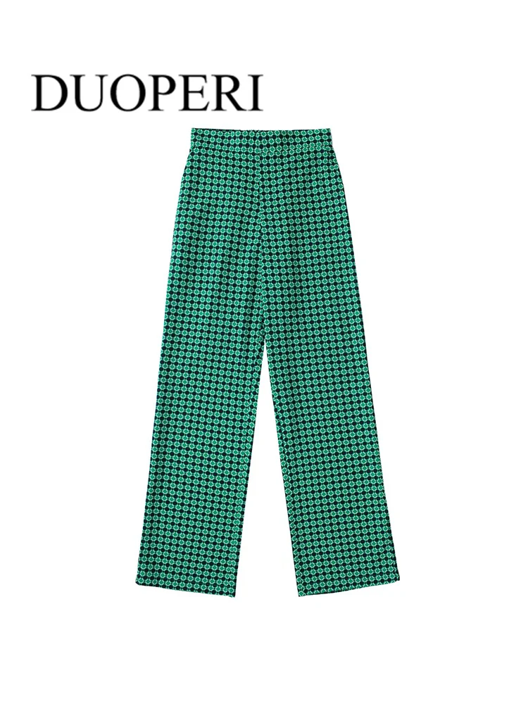 

DUOPERI Women Fashion Geometric Print Pants With Side Pockets Vintage Elastic Waist Female Trousers Mujer