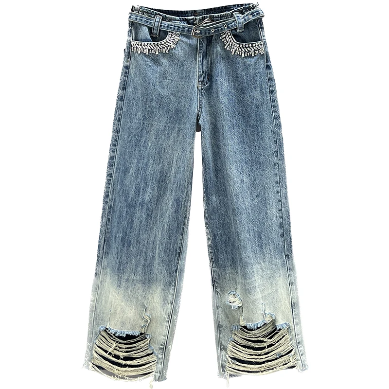 Ripped Wide-Leg Baggy Jeans Women's Trendy 2023 New Spring High Waist Denim Pants Loose and Slimming Diamond Mop Trousers
