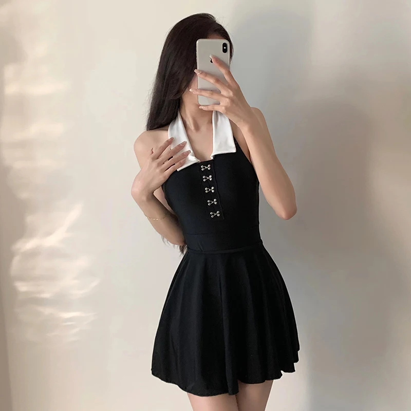 

Слитный купальник без рукавов с юбкой, Женский Однотонный черный купальник, монокини с высокой горловиной и открытой спиной, трикини, корейский купальный костюм