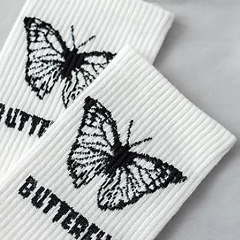 5 Pairs of Women's Mid Length Stockings Set in  Black And White With Butterfly Pattern Popular and versatile Sweat Absorption