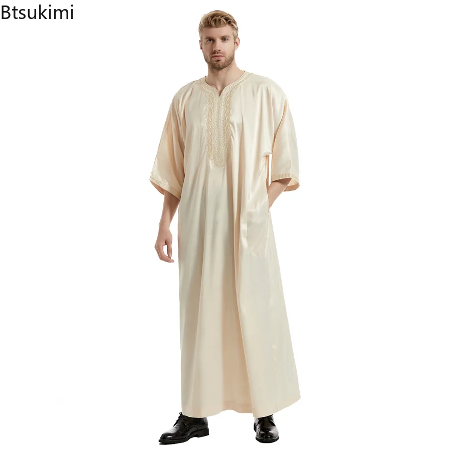Muslim Fashion Men Kaftan Robe Satin Embroidery Jubba Thobe Arab Saudi Eid Ramadan Turkish Islamic Abaya National Loose Abayas