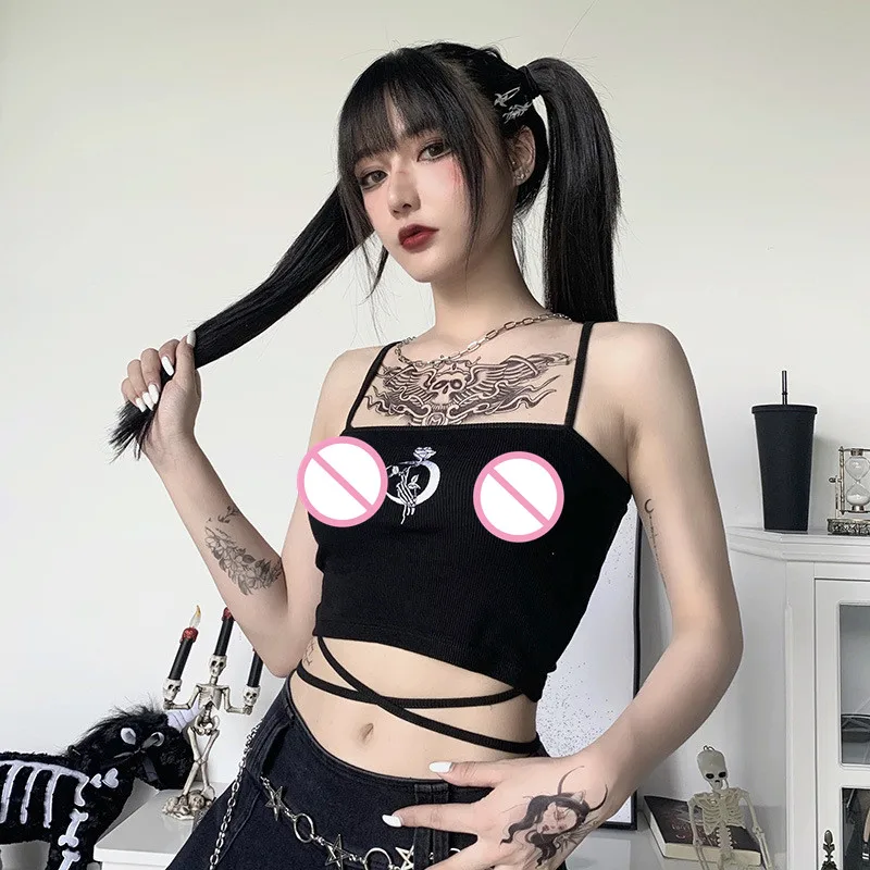 

Новые экзотические майки с темным ветром, пикантная майка с открытой спиной и принтом, женская модная облегающая Сексуальная Черная майка н...
