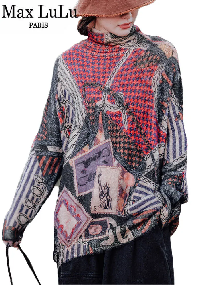

Max LuLu Korean Fashion Turtleneck Loose Printed Sweaters 2021 New Women Long Sleeve Vintage Casual Pullovers Harajuku Jumpers