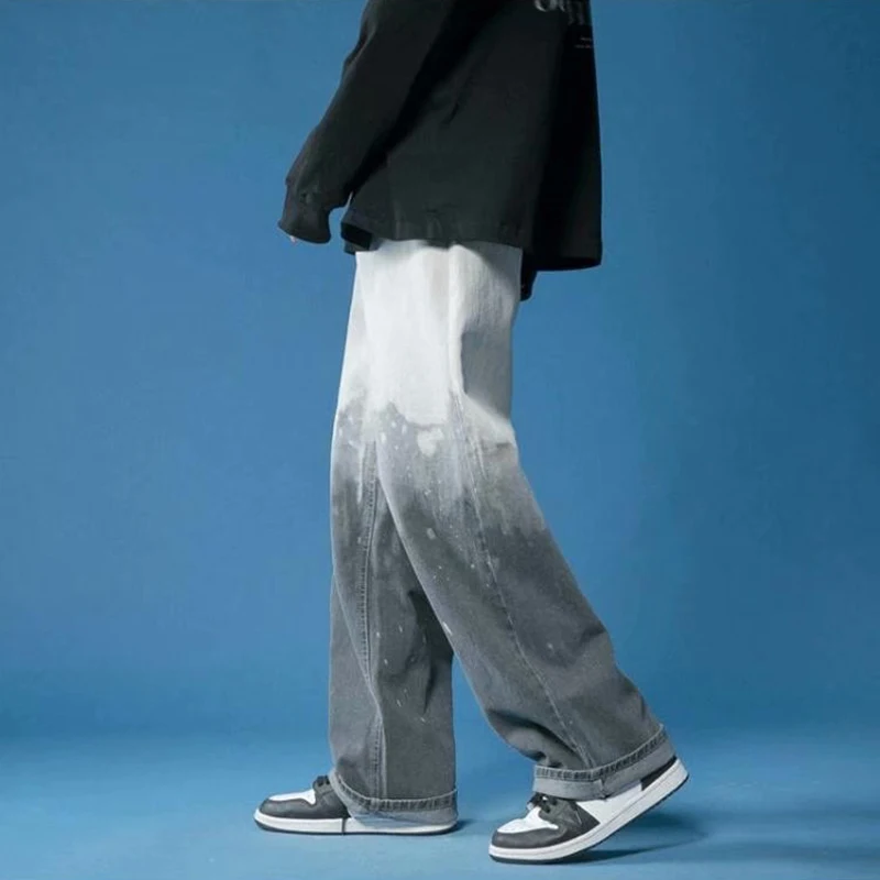 New Streetwear Hip Hop Gradient Blue Jeans Cargo Pants Men's Jeans Casual Straight Pant Joggers Pants Autumn Spring Men Clothing