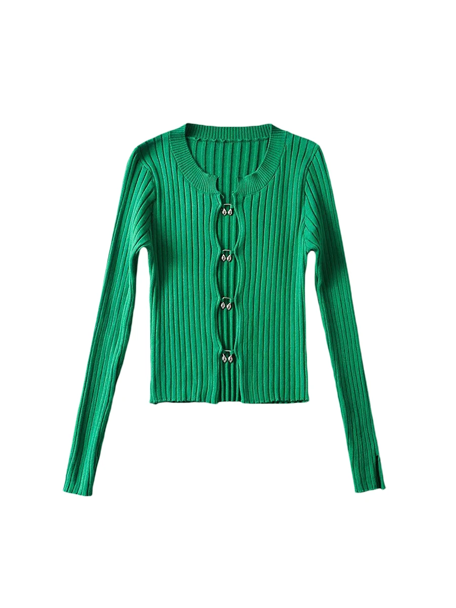 

Women Hollow Out Cropped Cardigan Long Sleeve Ribbed U-Shaped Buttons Solid Color Slim Knitted Tops Streetwear