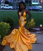 Black Girl Gold Mermaid Prom Dresses With Lace Sexy Open Back Deep V-Neck Spaghetti Formal Evening Dress Sweep Train Party Gowns