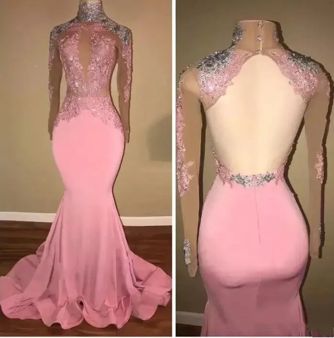 

Elegant Mermaid Pink Evening Dresses Long High Neck Sheer Long Sleeves Backless Beaded Lace Appliques Prom Party Gowns