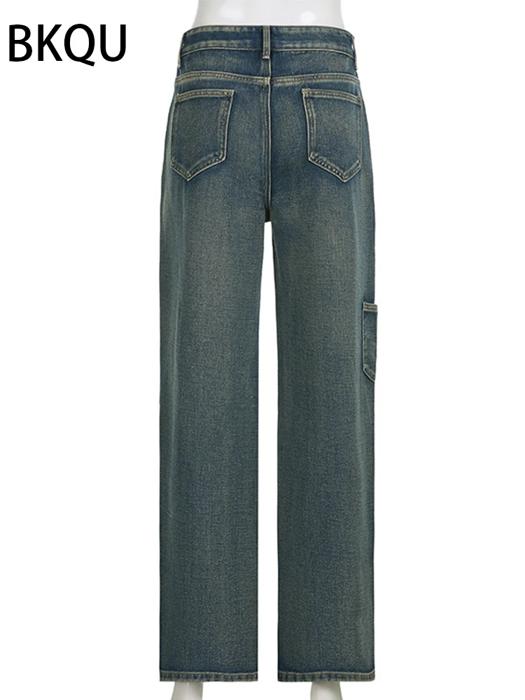 BKQU Multi-Pocket Washed Cargo Pants Y2k Retro Low Waisted Straight Baggy Jeans Women Bright line Denim Trousers Fairycore 2023