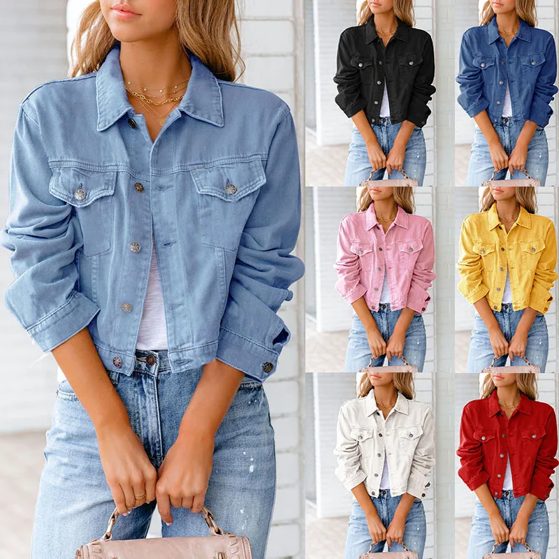 

Solid Color Denim Jacket Womens Fashion Button Pocket Jacket for Spring Autumn Female Streetwear Outwear 7 Colors S-2XL