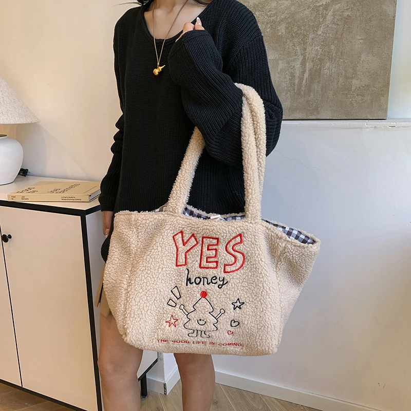 Зимняя теплая сумка через плечо из овечьей шерсти для женщин повседневная