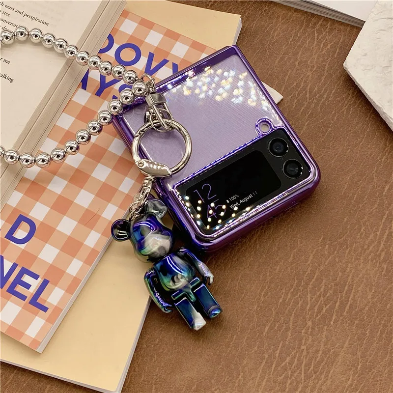 

Чехол для телефона с металлическими бусинами, браслетом и медведем для Samsung Galaxy Z Flip 3, чехол с фиолетовым покрытием