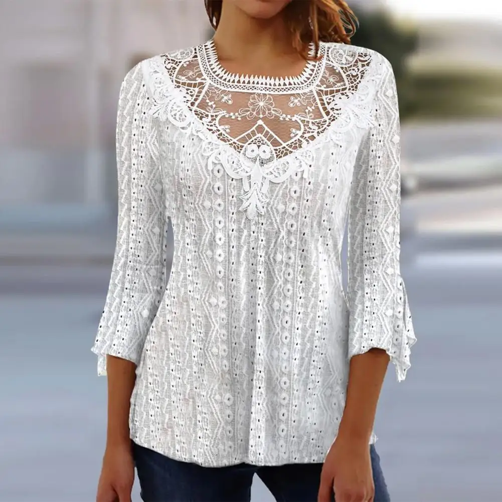 

Женский кружевной топ с вырезами, Осенний прозрачный Свободный Топ с рукавом три четверти и цветочной вышивкой, 2023