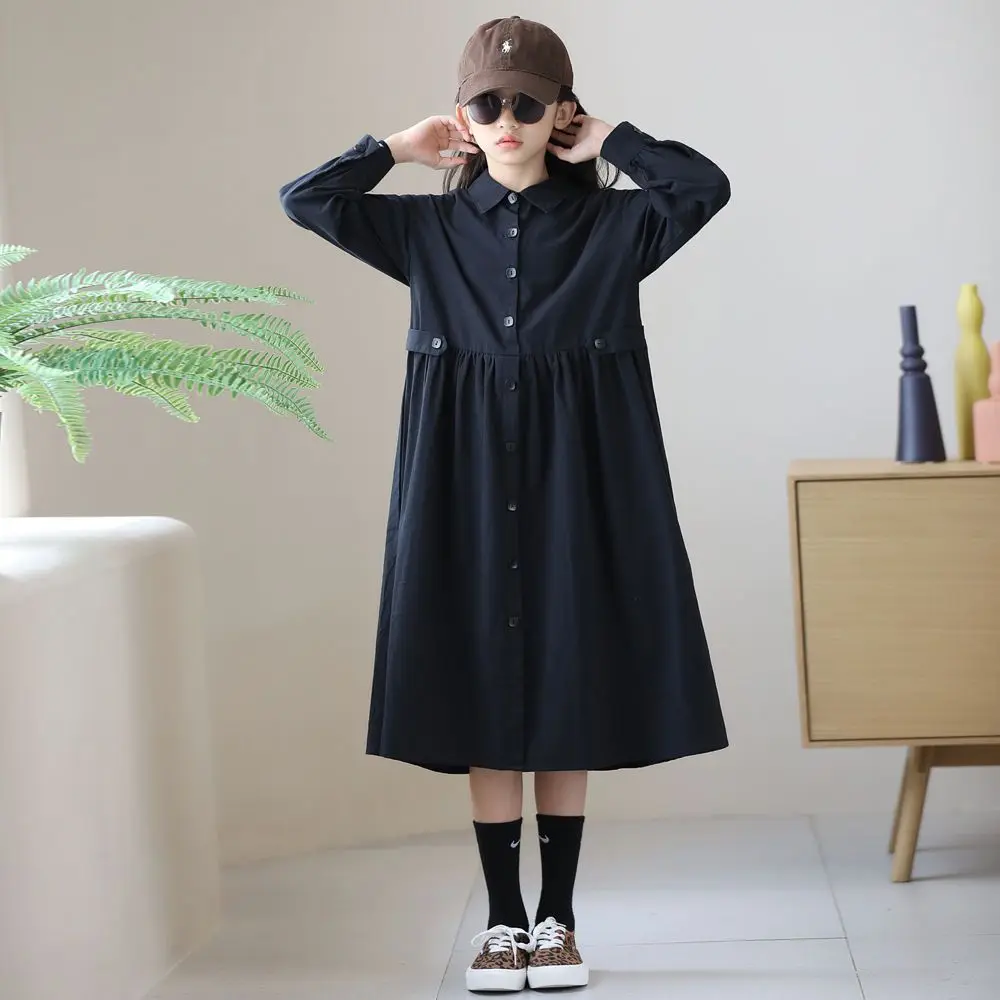 

Loose Shirt Dress Girls 2023 Spring Solid Color Teen KidsPOLO Collar Long-sleeved Dress Knee Length A-line Dress For Children