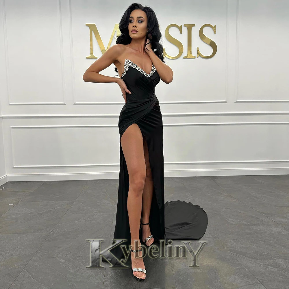 

Kybeliny Sexy Chic Evening Dresses For Woman 2024 High Slit Rhinestones Satin Prom Gowns Vestidos Robes De Soirée Custom Made