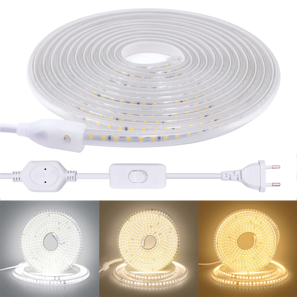 20CM Cuttable LED Strip AC 220V Waterproof 120leds/m 2835 Warm/Natural White Flexible Ribbon Tape Rope Light With EU/UK Switch
