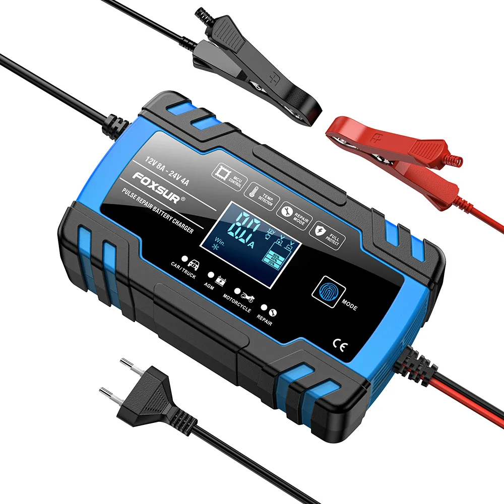 

FOXSUR Автомобильное зарядное устройство для мотоцикла 12 В 8 А 24 В 4 А Умная быстрая зарядка для AGM GEL WET EFB Зарядное устройство для свинцово-кислотных аккумуляторов