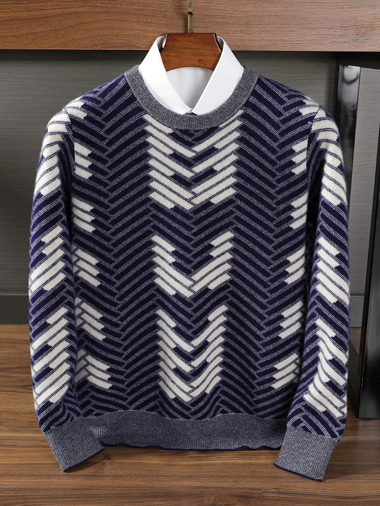 Zocept New-coming Fashion Winter 100% Wool Men Sweater Thick Warm Vintage Casual Male Pullover O-Neck Knitted Striped Jumpers