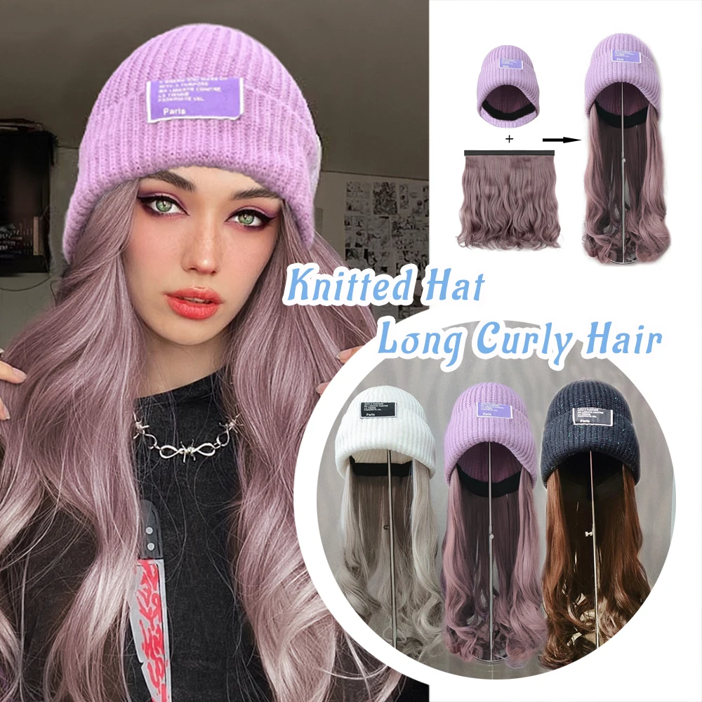 WEILAI  Long Curly Hair Knitted Hat Wig Female Detachable Black Pink Purple Red Synthetic Hat Wig Autumn and Winter Models