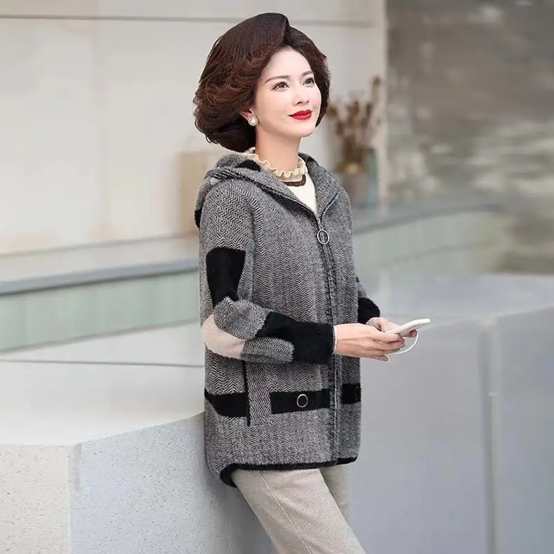 New 2022 Imitate Mink Fleece Women's Coat Middle-Aged Mother Short Winter Clothes Thick Hooded Loose  Ladies Jacket Top