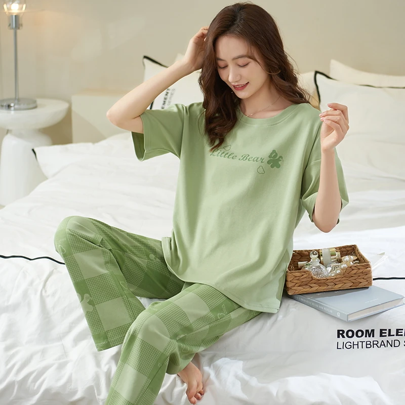 Women Pajama Sets Short Sleeved Cartoon Knitted Cotton Sleepwear Elegant Women's Pajamas Lounge Homewear Pijama Mujer