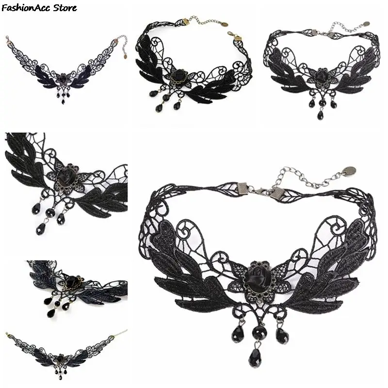 1 pcs gothic vintage hot sale women black rose teardrop pendant sexy lace necklace lolita collar necklace brand newly free global shipping