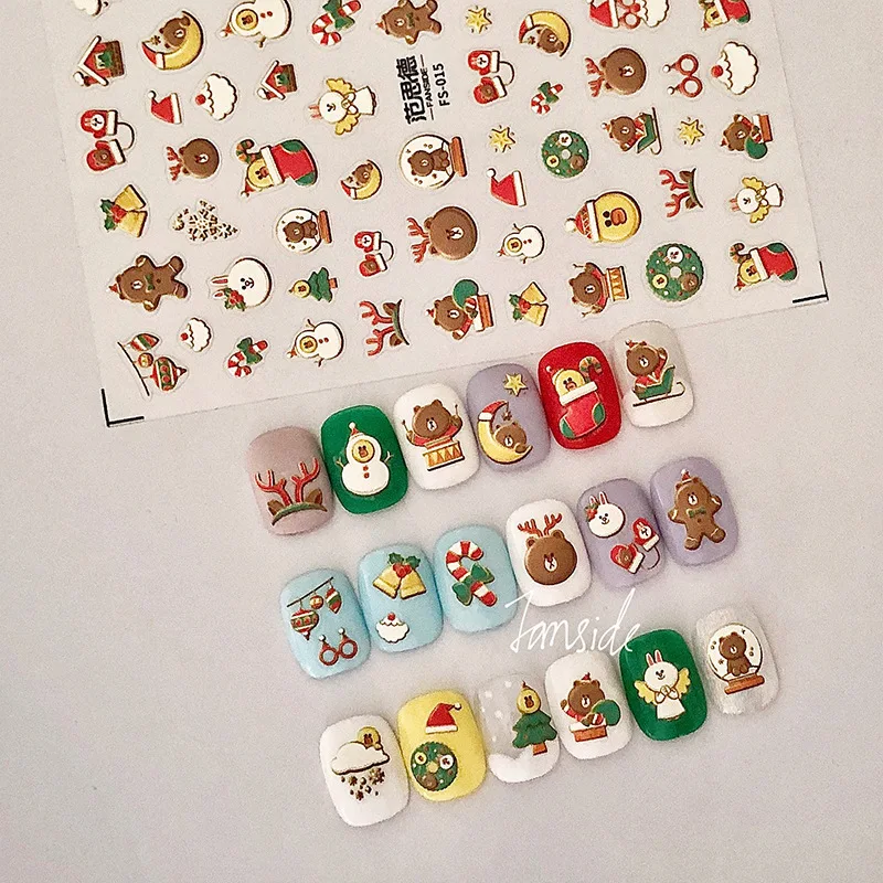 

Am 2022 Christmas Cartoon Style 3D Nail Stickers Thin Nail Art Santa Elk Pine Tree Frosted Transparent Back Glue Nail Art DIY