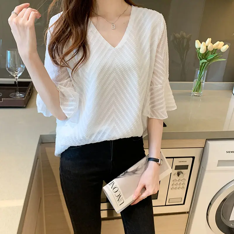 Женская шифоновая блузка с короткими рукавами Повседневная Свободная большого