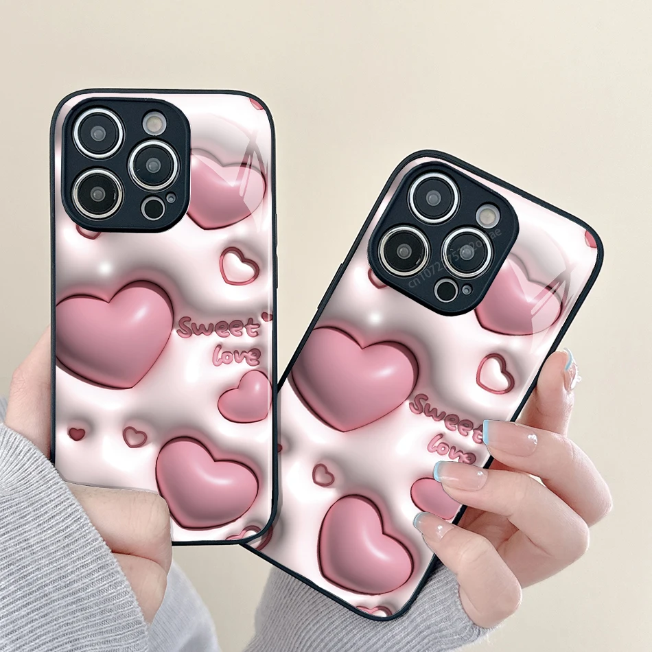 

Pink Heart Painted Glass Phone Case For iPhone 14 13 12 11 Pro Max Mini XS Max X XR 7 8 Plus Se2 SE3 Protection Back Cover