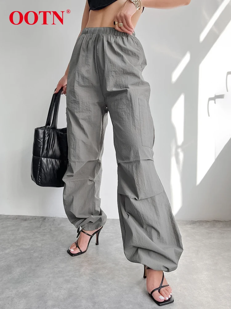 

Уличные шикарные хлопковые длинные брюки с эластичной резинкой на талии, женские летние серые брюки, женские повседневные плиссированные б...