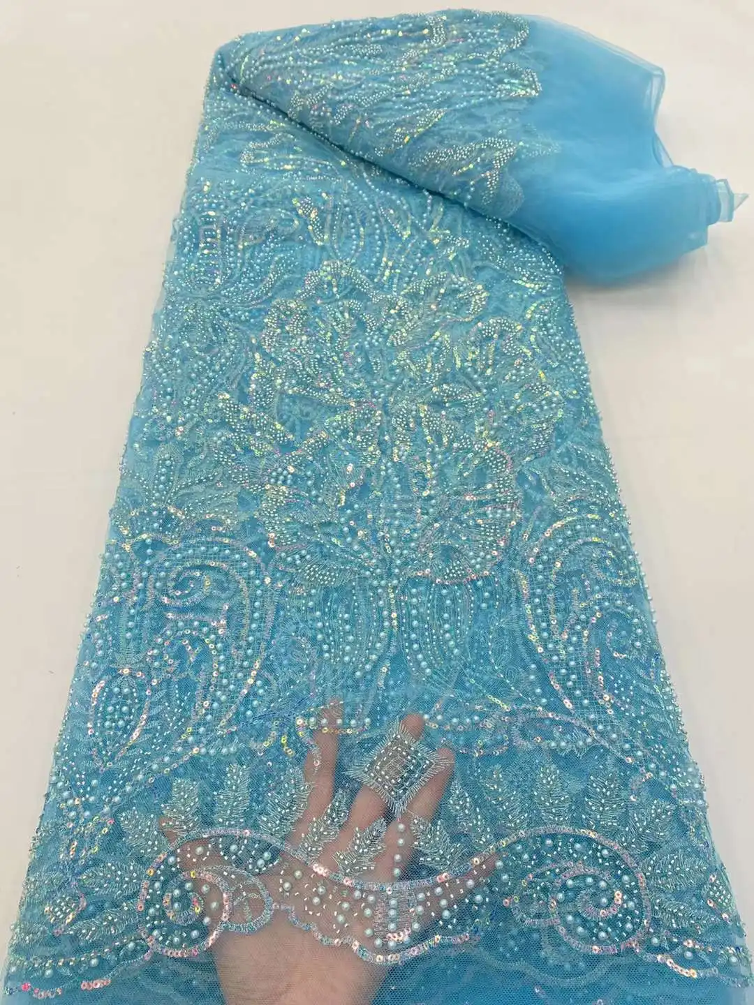 

Beads Sequence Tulle Fabric Embroidery French Lace Handmade Beaded Luxury Fabric Sequins Mesh African Wedding Material