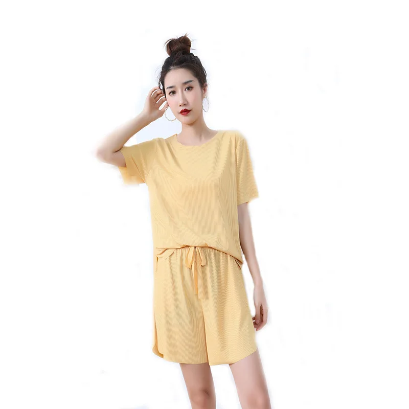 Summer Women Fashion Solid Color Set Pajamas Faux Silk Soft Sleepwear Sport Wear Leisure Suits Girl