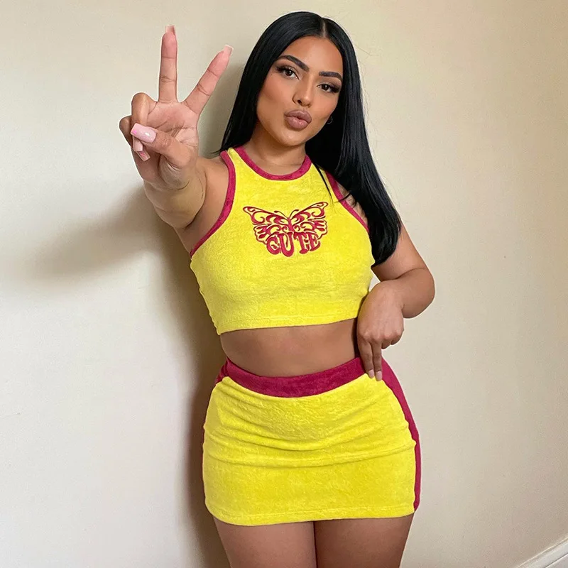 

Ladies Skirt Suits Pullover Sleeveless Butterfly Printed Crop Top Low Waist Two Piece Short Sets For Women