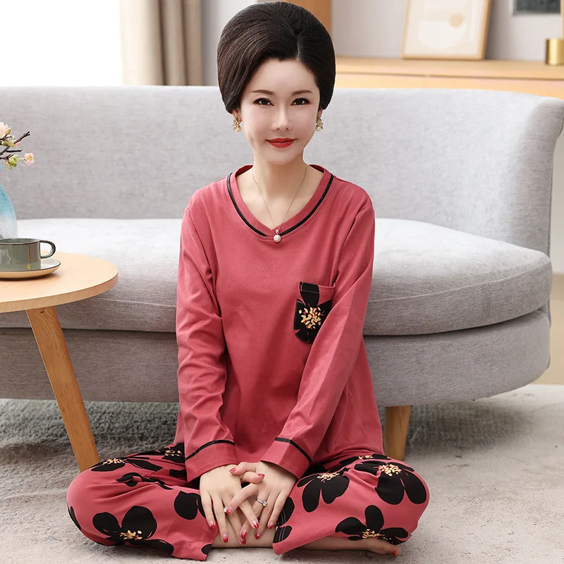 Casual Middle Aged Mother Pajamas Set Long Sleeve Sleepwear Pyjamas Women Spring Autumn Cotton Homewear Night Suit M-3XL